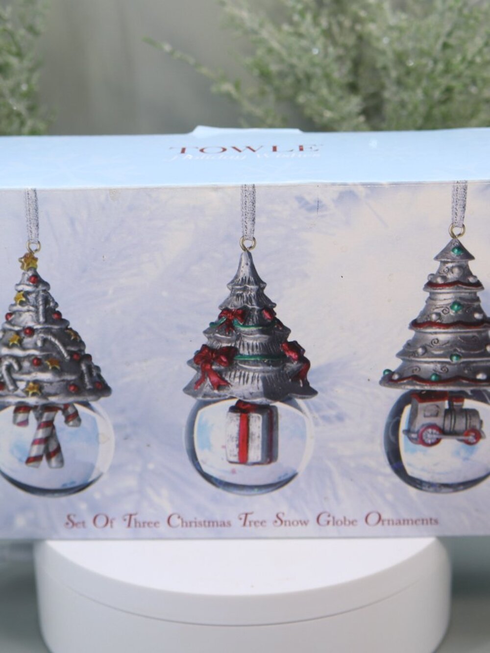 Towle Holiday Wishes Set of Three Christmas Tree Snow Globe Ornaments.